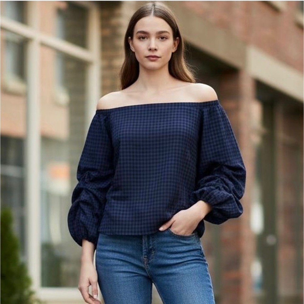 Anthropologie Guest Editor Gridwork Off The Shoulder Blouse top plaid Cotton S
